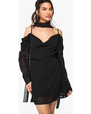 Boohoo Chiffon Scarf Detail Cold Shoulder Mini Dress - Black