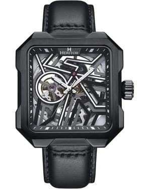 Heritor Campbell Leather-Band Skeleton Watch - Black