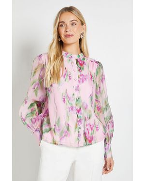 Wallis Petite Floral Organza Collarless Shirt - Pink