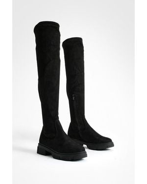 Boohoo Wide Fit Faux Suede Stretch Knee High Boots - Black