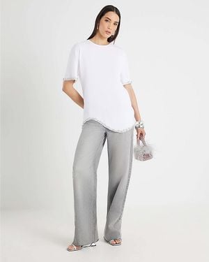 River Island T-Shirt Scallop Hem Diamante Cotton - White
