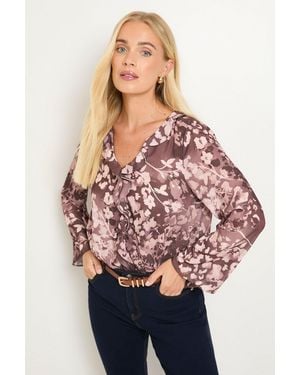 Wallis Petite Floral Ruffle Detail V Neck Blouse - Red