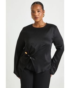 Boohoo Plus Flare Sleeve Trim Detail Blouse - Black