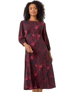 Roman Petite Abstract Print Midi Stretch Dress - Red
