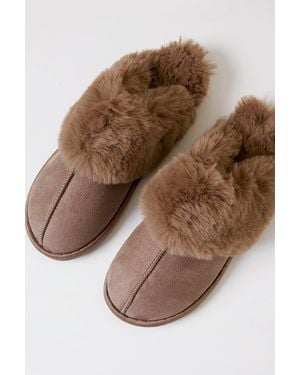 Threadbare Faux Fur Lined Mule Slippers - Brown
