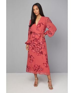 Wallis Floral Wrap Belted Midi Dress - Red