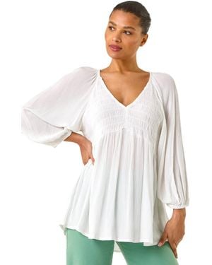 Roman Shirred V-Neck Top - White