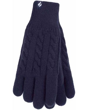 Heat Holders Ladies Cable Knit 2.3 Tog Fleece Lined Thermal Winter Gloves - Blue