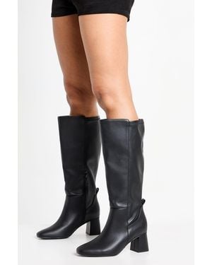 Boohoo Wide Fit Stretch Knee High Flared Block Heeled Boots - Black