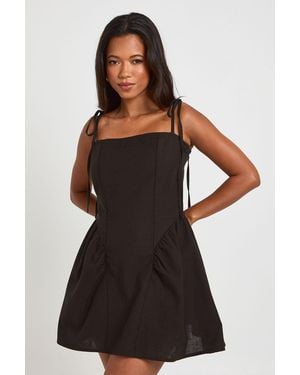 Boohoo Linen Tie Shoulder Skater Dress - Black