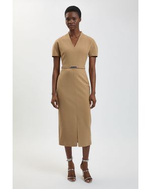 Karen Millen Compact Stretch Tailored Belted Midi Pencil Dress - Natural