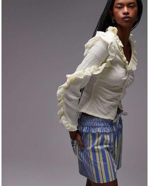 laagam Textured Ruffle Front Button Up Blouse - Grey
