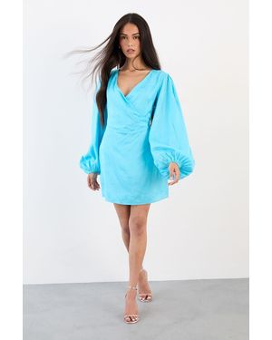 Warehouse Blouson Sleeve Jacquard Mini Dress - Blue