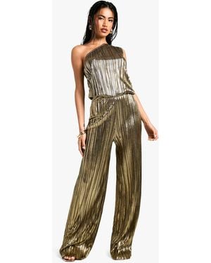 Boohoo Metallic Plisse Asymmetric Jumpsuit