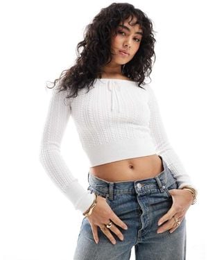 Hollister Cable Knitted Off Shoulder Tie Front Top - White