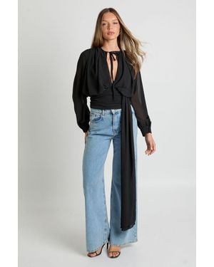 Boohoo Draped Chiffon Plunge Blouse - Blue