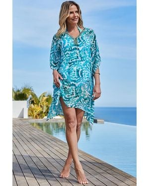 Sosandar Aqua & Tie Dye Print Kaftan With Luxe Embellishment Detail - Blue