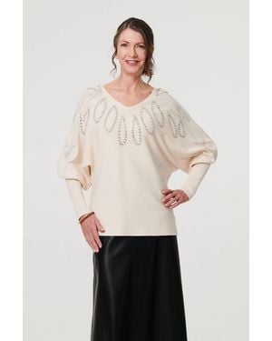 Izabel London Cream Embellished Batwing Sleeve Jumper - White