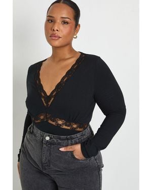 Boohoo Plus Cotton Lace Trim Long Sleeve Bodysuit - Black