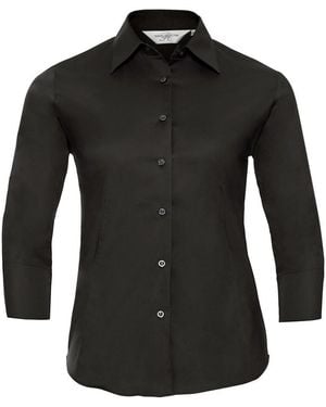 Russell Collection /Ladies Easy-Care Fitted 3/4 Sleeve Formal Shirt - Black