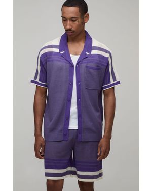 BoohooMAN Relaxed Open Stitch Striped Knitted Shirt And Short Set - Purple