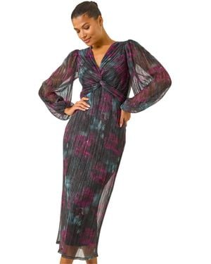Roman Printed Plisse Twist Front Midi Dress - Blue