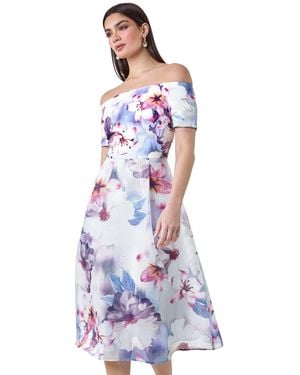 Ariella Floral Print Premium Stretch Bardot Dress - White