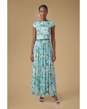 Oasis Cap Sleeve Hydrangea Mesh Maxi Dress - Blue