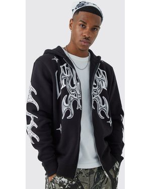 BoohooMAN Oversized Zip Through Limited Graphic Hoodie - Black