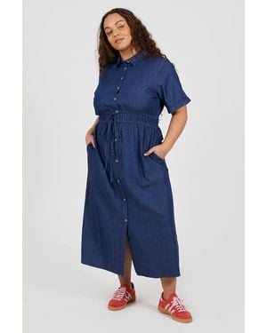 Brave Soul Curve Short Sleeve Chambray Midi Shirt Dress - Blue