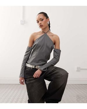 Labelrail X Jennifer Mcking Tailored Halter Long Sleeve Top - Grey