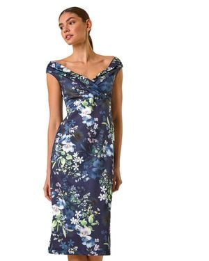 Roman Floral Print Bardot Stretch Midi Dress - Blue
