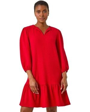 Roman Textured V-Neck Frill Hem Smock Dress