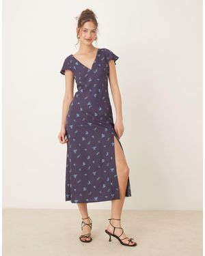 ASOS V Neck Flutter Sleeve Midi Tea Dress - Blue