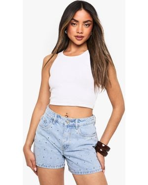 Boohoo High Waist Studded Denim Shorts - White