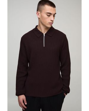 BoohooMAN Regular Fit 1/4 Zip Rib Long Sleeve Knitted Polo - Brown