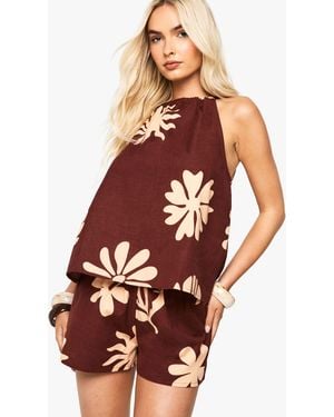 Boohoo Shell Print Linen Shorts - Brown