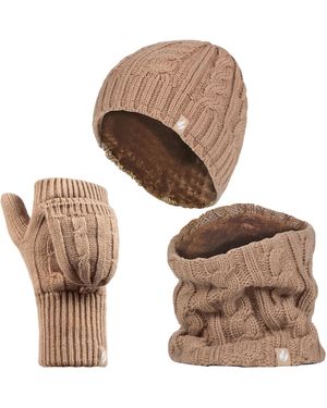 Heat Holders Thermal Winter Fleece Hat, Neck Warmer And Converter Gloves Set - Brown