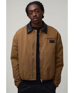 BoohooMAN Oversized Boxy Contrast Pu Collar Twill Worker Jacket - Brown