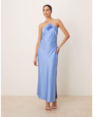 Y.A.S Halter Neck Satin Maxi Dress With Corsage Detail - Blue