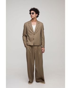 BoohooMAN Straight Fit Cropped Herringbone Hem Suit Blazer - Natural