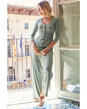 Sosandar Sage Wide Leg Knitted Loungewear Trousers Viscose - Green