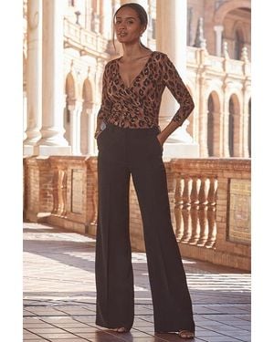 Sosandar High Waisted Wide Leg Trousers - Brown