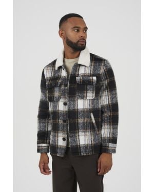 Brave Soul Brushed Check Jacket With Sherpa Collar - Grey