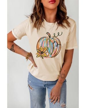 Everyday the Label Khaki Pumpkin With Flower Graphic T Shirt - Natural