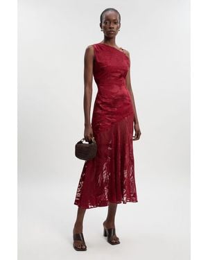 Karen Millen Petite Devoure One Shoulder Woven Maxi Dress With Trim Detail - Red