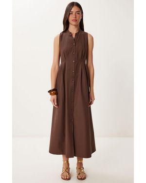 Happiness İstanbul Mandarin Collar Sleeveless A-Line Midi Dress - Brown