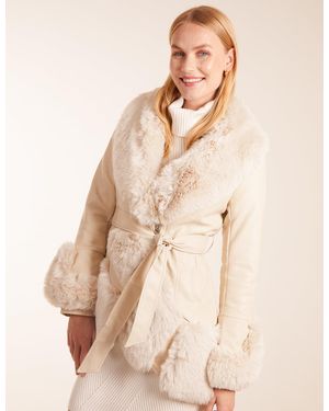 Blue Vanilla Faux Fur Collar Pu Belted Coat - Natural