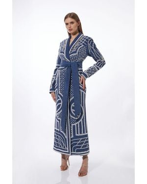 Karen Millen Petite Premium Pearl Embellished Denim Woven Blazer Midi Dress - Blue