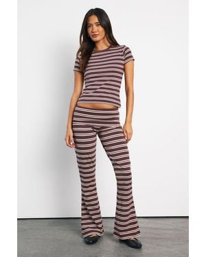 Boohoo Stripe Fold Over Waistband Flare Trousers - White